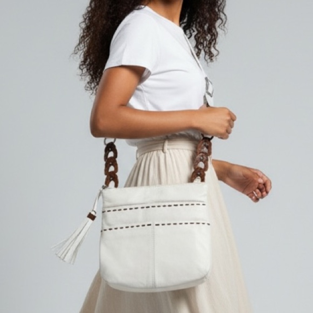 Brighton Koda White Leather Shoulder Bag Tassel Boho Purse